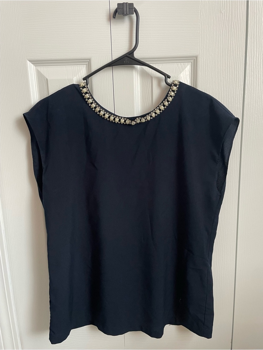 Saint Tropez West Navy Cap-Sleeve Blouse with Embellished Neckline